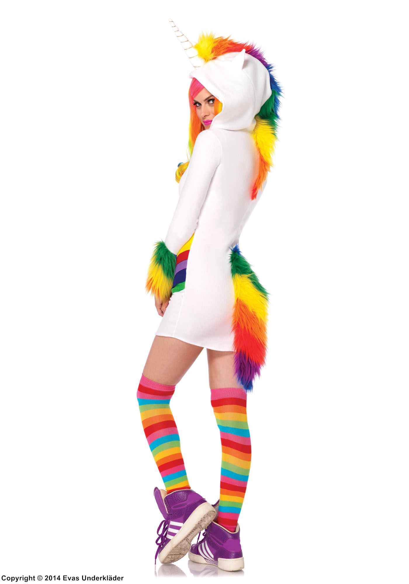 Unicorn (woman), costume dress, faux fur, tail, horn, colorful design